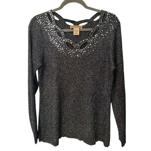 Marisa Christina Long Sleeve Sweater 1X Black Metallic Sequin Beaded Cut Out - Picture 1 of 10